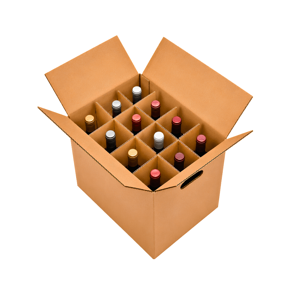 12 bottle wine box with protective cardboard divider insert for moving, shipping, and storage