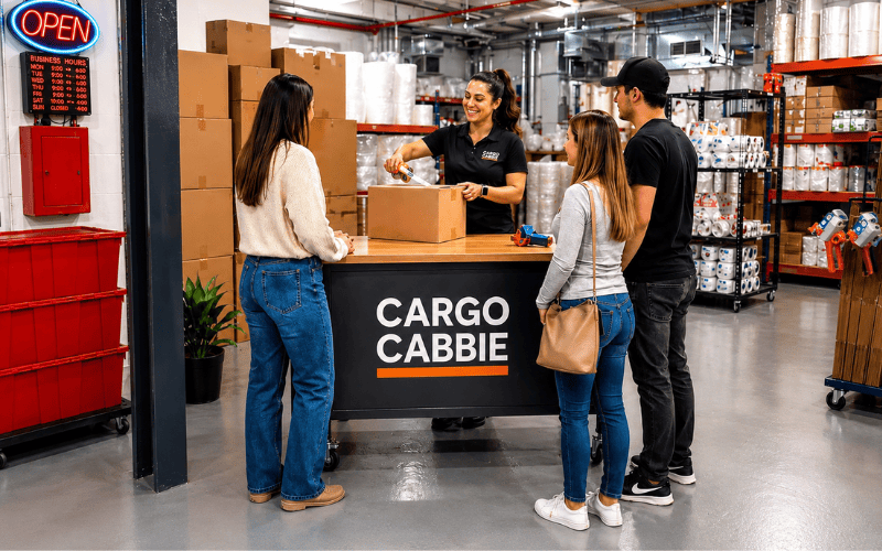 Customers buying boxes and packing supplies at the CARGO CABBIE Box Shop in Toronto